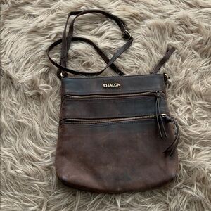 ESTALON Dark Brown Genuine Leather Crossbody Bag Triple Zip Organizer
